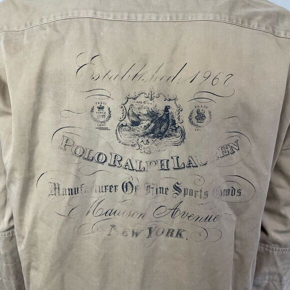 Rare Polo By Ralph Lauren Cotton Pheasant Patch Back Graphic Print Shirt Khaki L - Picture 14 of 17